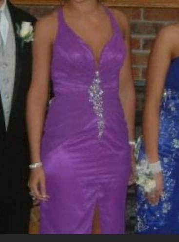 Night Moves  purple jeweled lace up back prom dress