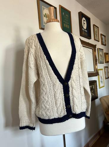 Vintage Contrast Cream And Navy Cardigan Sweater Blue Size M