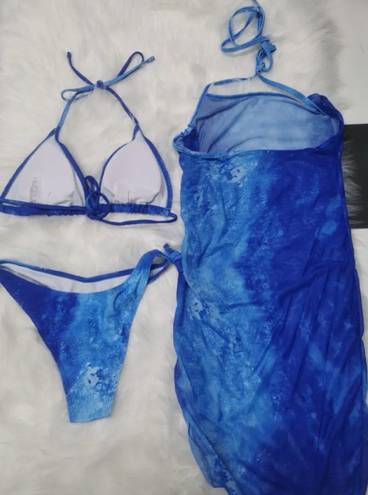 3 Pieces Tie Dye Bikini Sets, Halter Neck High Cut With Cover Up Dress Slight Stretch Swimsuit Size XL Blue