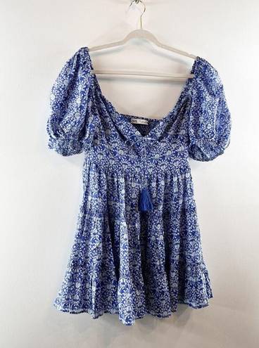 ZARA  Floral Ballon Short Puff Sleeve Mini Sundress Blue White Medium