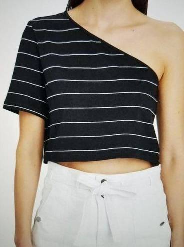 The Range  Striped Bare Shoulder T-Shirt Crop Top Horizontal Stripe Black Size XS