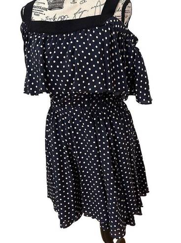 Jason Wu  GREY Navy and White Polka Dot Off Shoulder Ruffle Fit and Flare Dress S