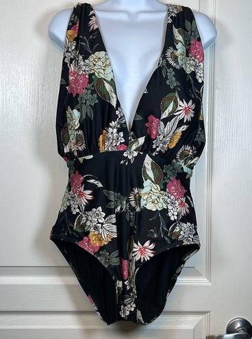 Modcloth Womens  Promised Paradise Black Floral Plunge Swimsuit Size XL EUC #2943