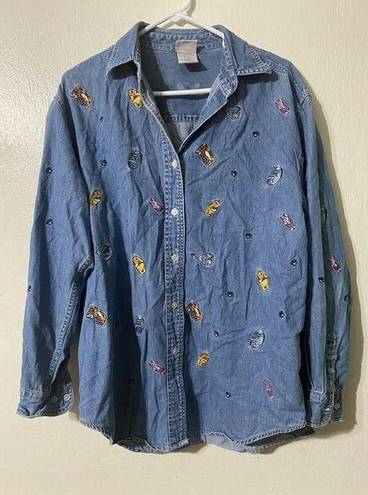 Disney The  Store Womens Denim Button Up Shirt Winnie the Pooh Piglet Blue XL