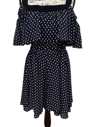 Jason Wu  GREY Navy and White Polka Dot Off Shoulder Ruffle Fit and Flare Dress S