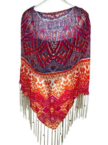 CHICO'S Phoebe Poncho Colorful Sheer Linen ONE SIZE w Beaded Fringe Pink Purple Size M