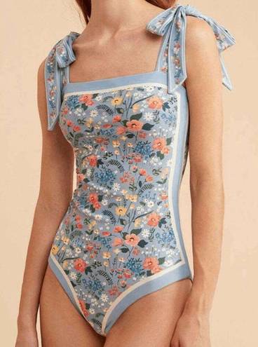 One Piece Vintage Light Blue Floral Print Reversible Tie-Shoulder  Swimsuit Large