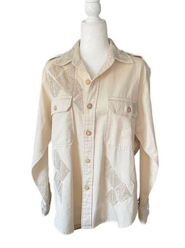 Polo  Ralph Lauren Beaded Embellished Button Down Shirt Cream Western Oxford Size