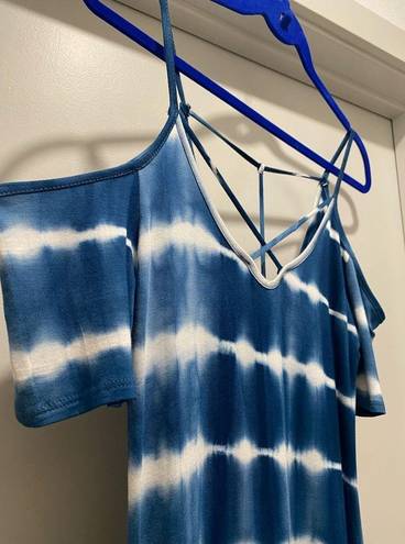 Caution to the Wind  Blue & White Tie Dye Off-the-Shoulder Fitted Maxi Dress - M