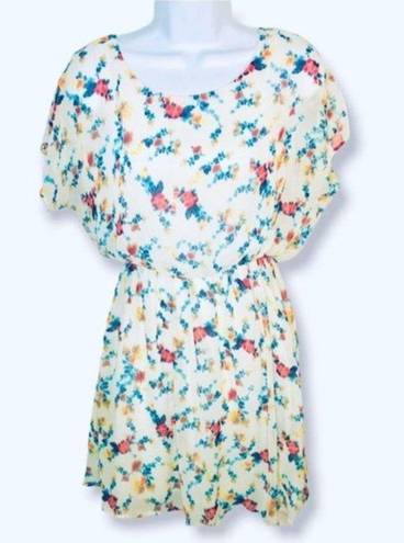 Lush Clothing LUSH Floral Backless Dress Chiffon Faux Wrap Back Ivory S