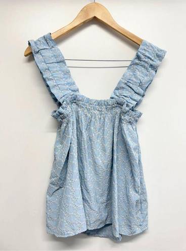 AQUA  Eyelet Top Size Large Blue Ruffle Pullover Wide Strap Woven Tank NEW