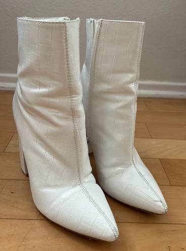 Pretty Little Thing White Croc Heeled Booties 