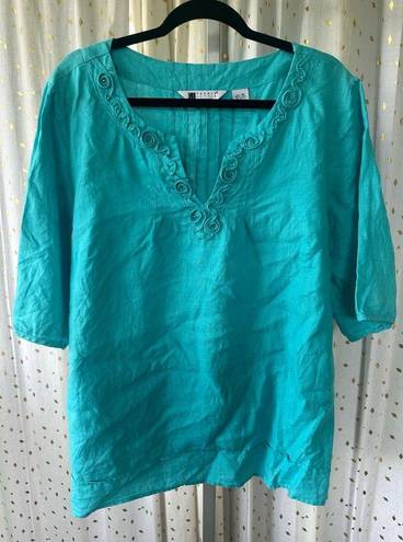 Carole Little  Woman 100% Linen Bead Embellishment V Neck Flounced Hem Blouse 3X