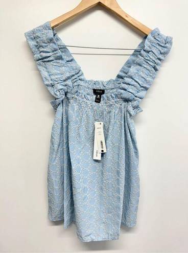 AQUA  Eyelet Top Size Large Blue Ruffle Pullover Wide Strap Woven Tank NEW