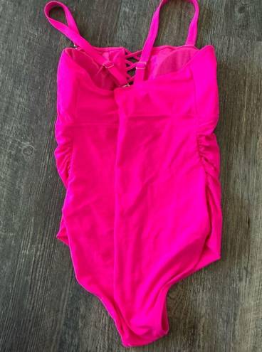 One Piece Yonique Pink Sexy ruched tummy control  bathing swim suit plus 20W