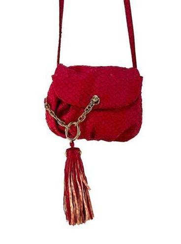 Henri Bendel  Small Drawstring Bucket Crossbody Tassel Fish Leather Emboss Pink