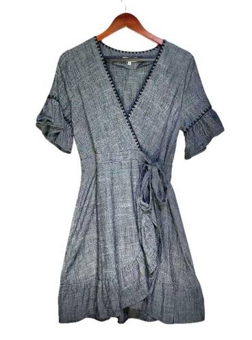 Moon River Heather Gray Blanket Stitch Linen Blend Ruffle Wrap Mini Dress