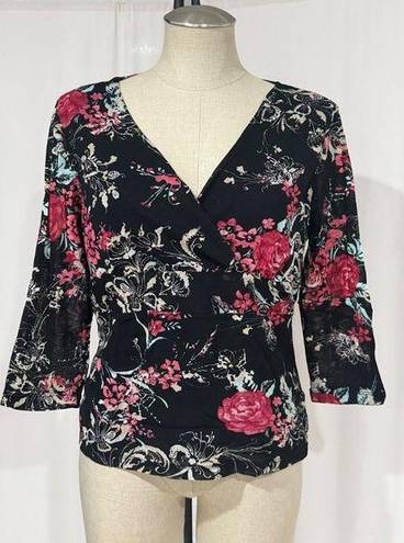 Emma James  Petite Women's Black Floral V-neck 3/4 Sleeve Stretch Top Size XL