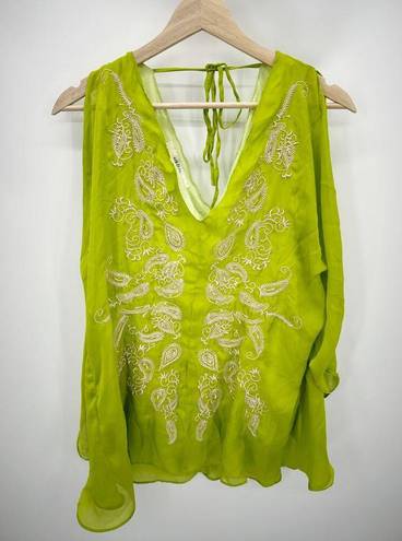 Ark & Co. Lime Green Embroidery Detail Blouse Flutter Sleeve Tie Neck Size Medium