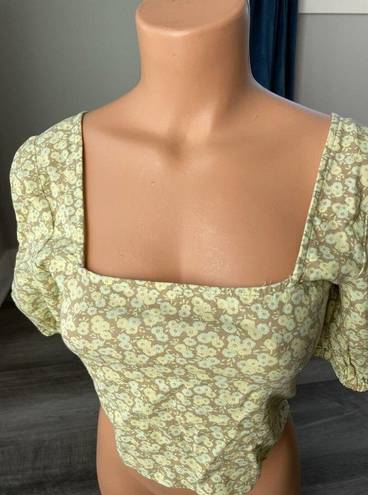 BP  Nordstrom Floral Linen Crop Top Size XS Puff Sleeve Smocked Green Yellow N2