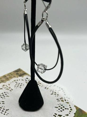 Swavorski Swarovski Crystal Black Two Leather Cord Dangle Earrings-  Handmade NEW