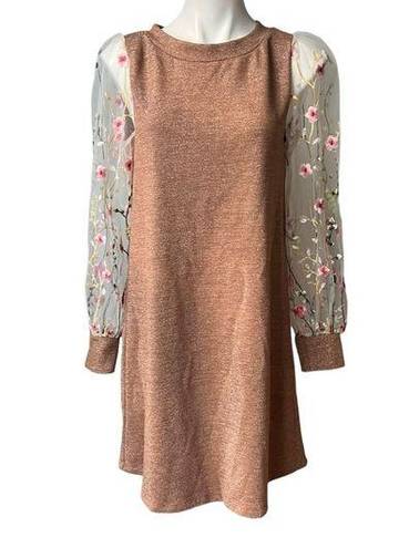 Renee C . Brown Metallic Dress with Sheer Mesh Embroidered Long Sleeves; Sz M