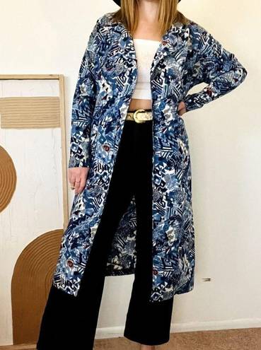 Vintage Blue  Abstract Printed Cotton Long Collared House Duster Blazer Trench