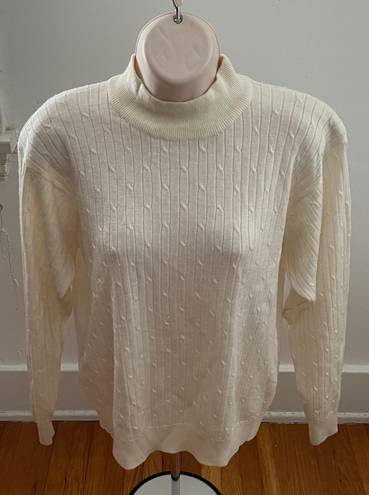 Alfred Dunner Petite Alfred Dunner Vintage Wool Blend Ivory Cottagecore Coastal Cable Knit Turtleneck Sweater, size L Petite 