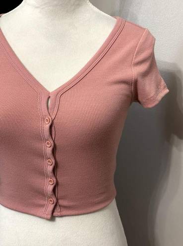 Better Be  Womens Cardigan Sweater Taupe Pink Short Sleeve V Neck Ribbed Knit S