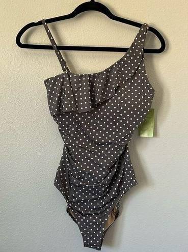 Garnet Hill NWT  Asymmetric One Shoulder Ruffle Polka Dot Grey Swimsuit Ruching 8