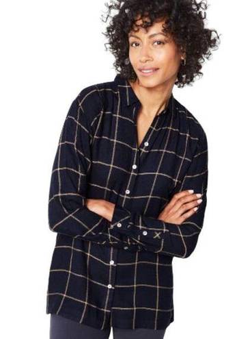 J.Jill Women's  Navy Blue Checker Plaid Blouse Pleated Back L/S Shirt Size Small