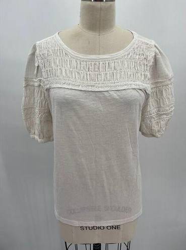 The Loft  Ann Taylor Lace Trimmed T-Shirt Sz M White Puff Sleeve Cottagecore Peasant