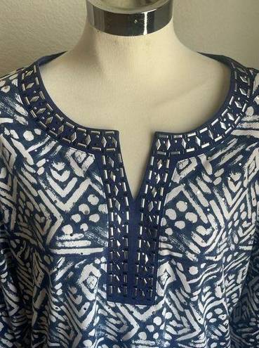 Cathy Daniels  v-neck tunic blouse size large embellished blue/white bling boho