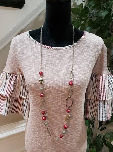 L LOVE  Pink Polyester Round Neck 3/4 Flared Ruffle Sleeve Top Blouse Size Medium