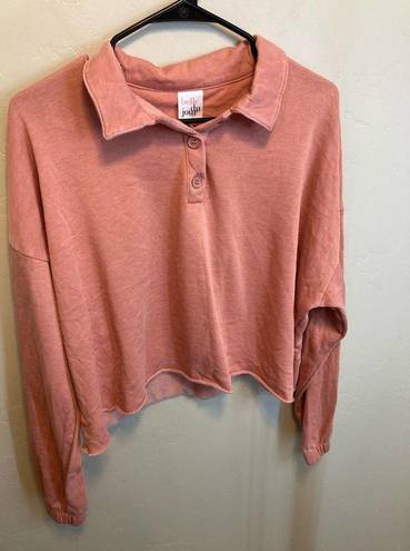 belle du jour  Cropped Quarter Button Collar Peach Long Sleeve Fleece Lined Top M