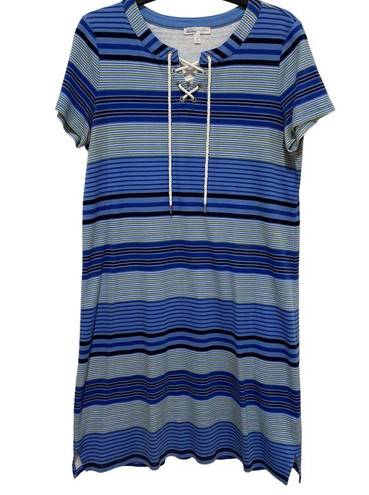 Talbots Shirt Dress Summer Cotton Knit Size Medium Blue Nautical Stripe