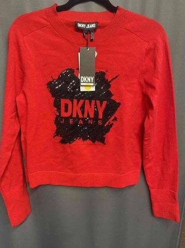 DKNY  Jeans Red Sequin Detail Crew Neck Sweater Womens Size Small b57