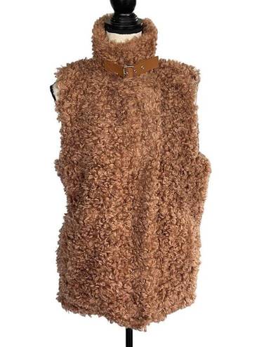 INC  Small Faux Fur Vest Full-Zip Sleeveless Lined Pockets Collared Clay Tan New