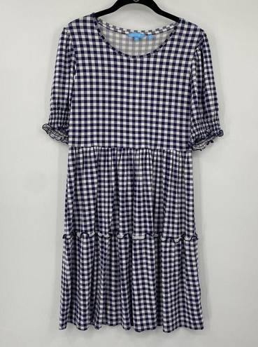 Draper James  Lee Ann Mini Dress Tiered Fit & Flare Stretch Knit Navy Gingham M