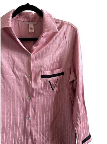 Victoria's Secret  Women's Medium Satin PJ Set Logo V Pink Black & White Striped