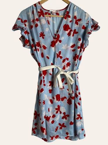 Oscar de la Renta  Pink Label Blue Red Floral Print Satin Wrap Dress Mini Robe S