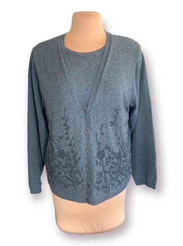 Vintage Alfred Dunner Cardigan Sweater Two In One Layered Gray Floral Appliqué Size L