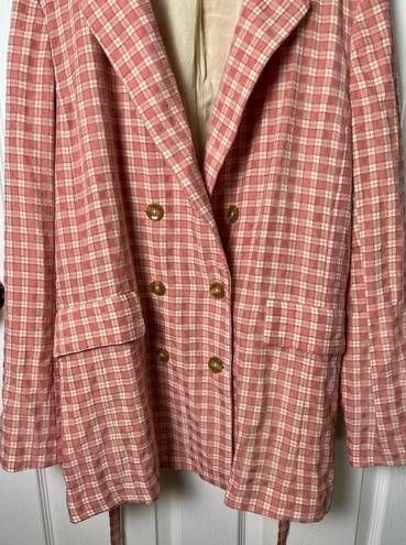 Free People  Pink Cream Long Sleeve Button Waist Tie Olivia Gingham Blazer M