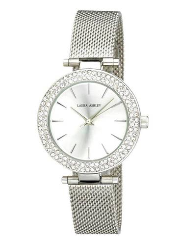 Laura Ashley NEW  WATCH Ladies Silver TBar Crystal Bezel Mesh Band Buckle Strap