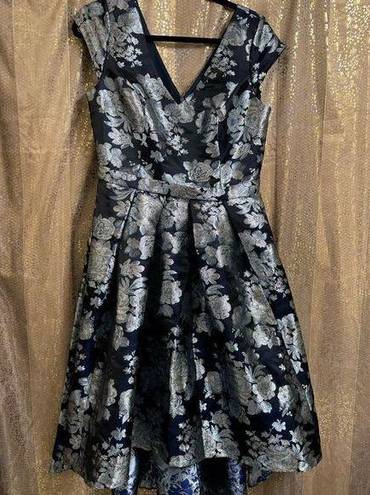 Oleg Cassini  Navy Blue Silver Floral Brocade High Low A-Line Dress 12