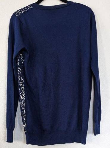 DKNY  Navy Silk and Cashmere Embellished Sequin Holiday Winter Sweatshirt, Small