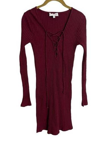 Kendall + Kylie  Burgundy Ribbed Tie Neckline Bodycon Dress Small