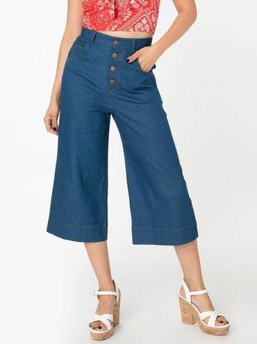 Unique Vintage  Denim Blue Chisholm Culottes Cropped Wide Leg Pants Size XS