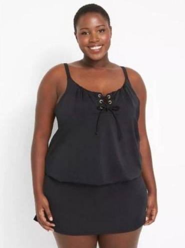 Cacique new LANE BRYANT SWIM BLACK NO WIRE LACE-UP BLOUSON TANKINI TOP PLUS SZ 36