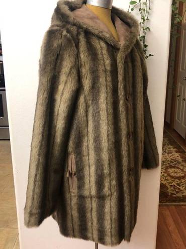 Dennis Basso Coat Reversible Faux Suede Fur Mink Brown Hooded